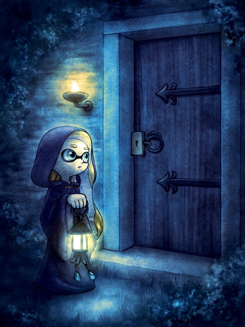 1girl, blonde_hair, blue_eyes, blue_robe, commentary_request, door, full_body, holding, holding_lantern, hood, hood_up, hooded_robe, inkling, inkling_girl, inkling_player_character, lantern, long_sleeves, looking_ahead, mustard_pudding, outdoors, parted_lips, robe, single_sleeve_past_fingers, sleeves_past_wrists, solo, splatoon_(series), standing, tentacle_hair, wavy_hair, wide_sleeves