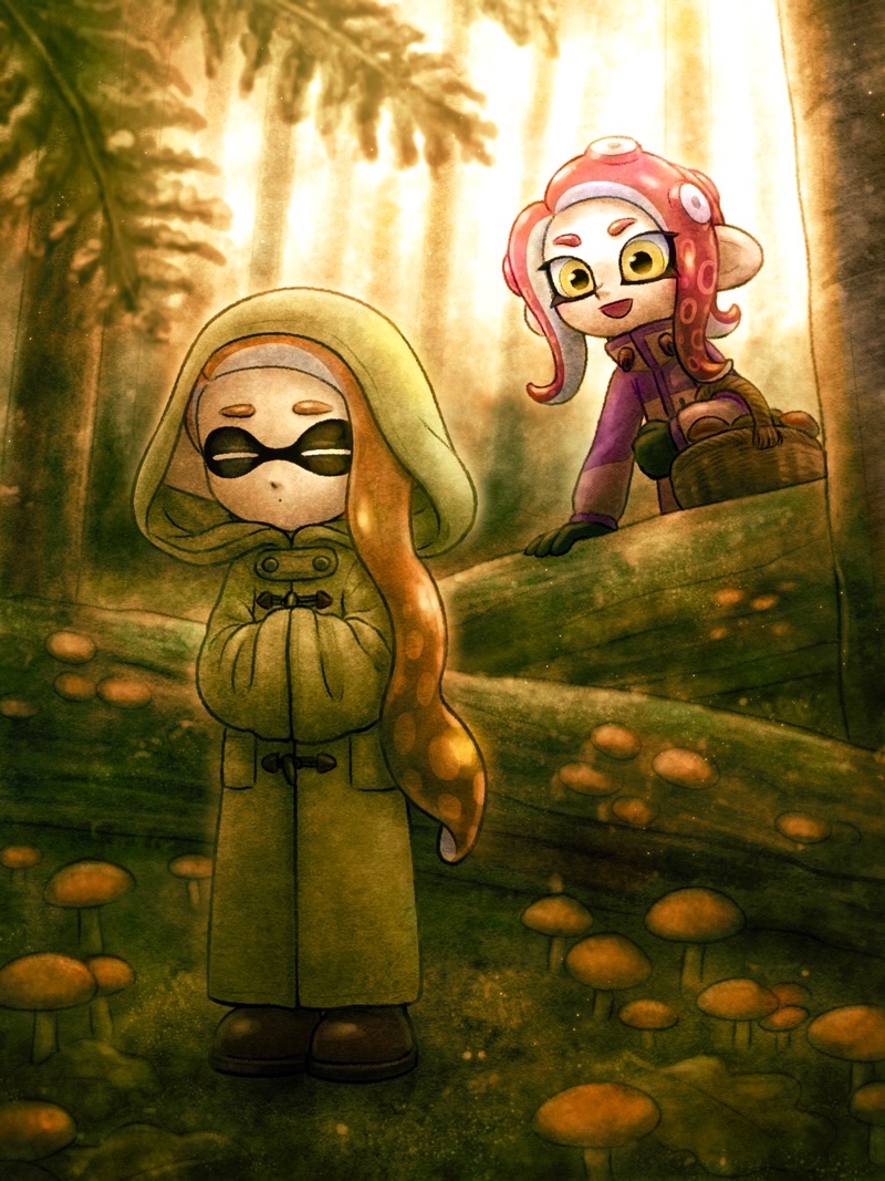 2girls, :d, basket, black_gloves, boots, brown_footwear, closed_eyes, closed_mouth