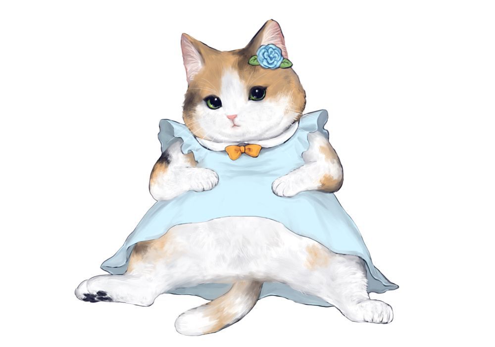 animal, animal_focus, blue_dress, blue_flower, bow, calico, cat, clothed_animal, commentary, dress, flower, hair_flower, hair_ornament, looking_at_viewer, no_humans, original, simple_background, sitting, skksmaru, solo, tail, white_background, yellow_bow