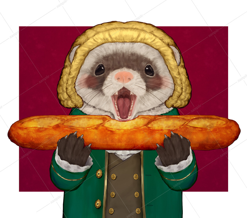 1other, animal_hands, baguette, beanie, blush, border, bread, claws, coat, commentary_request, ferret, food, furry, green_coat, hat, highres, holding, holding_food, open_mouth, original, other_focus, red_background, simple_background, skksmaru, watermark, whiskers, white_border, yellow_hat