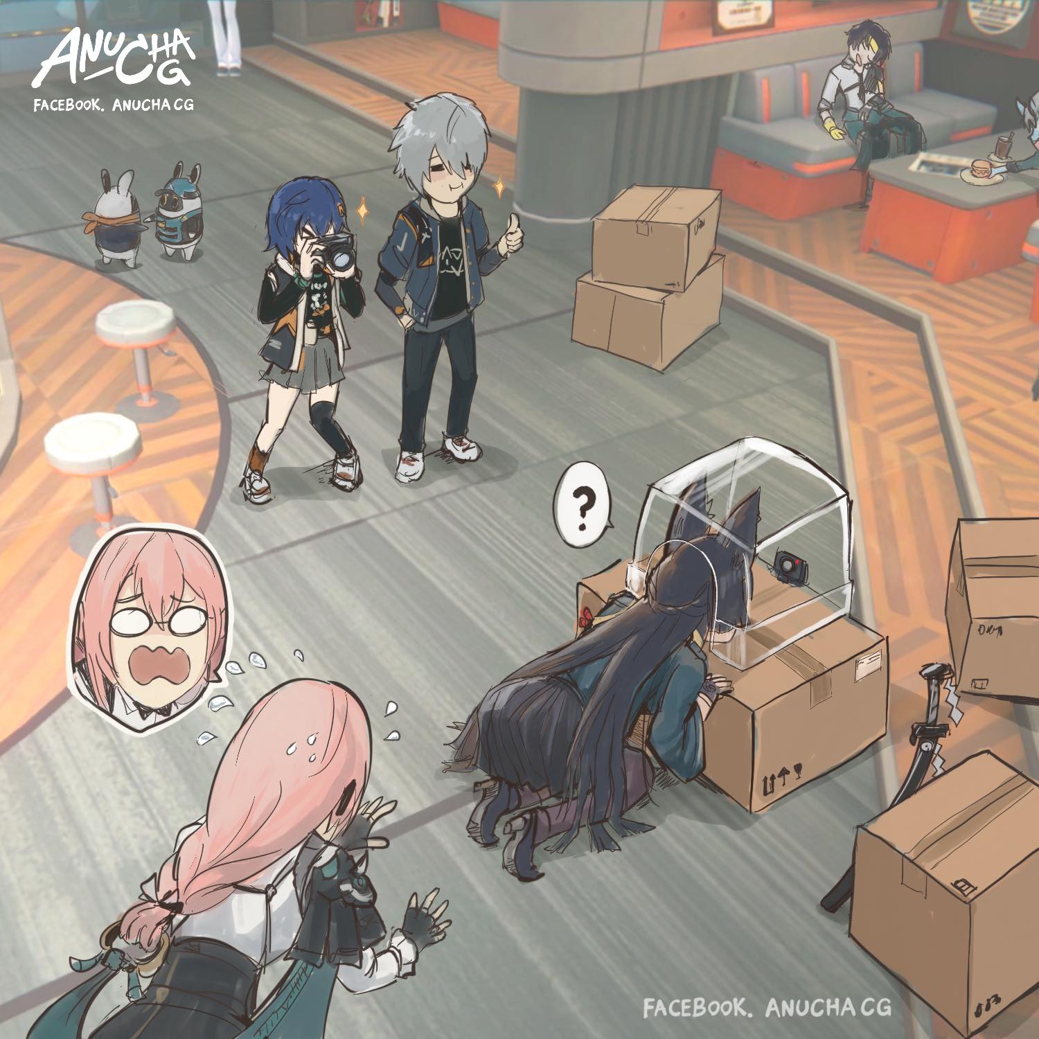 3girls, ?, animal_ears, anucha_cg, artist_name, bangboo_(zenless_zone_zero), belle_(zenless_zone_zero), box