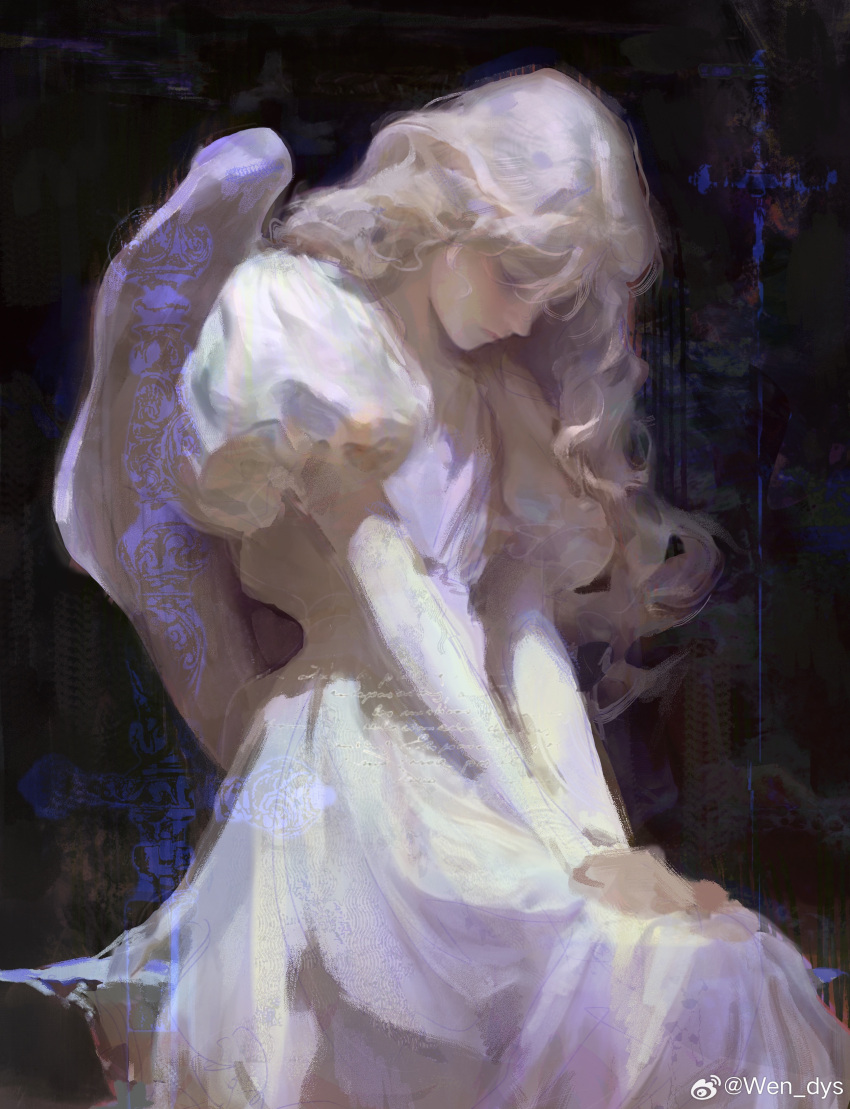 1girl, absurdres, blonde_hair, closed_mouth, dress, highres, long_hair, looking_down, original, profile, puffy_short_sleeves, puffy_sleeves, short_sleeves, simple_background, sitting, solo, wavy_hair, weibo_logo, weibo_watermark, wendys008, white_dress, white_wings, wings