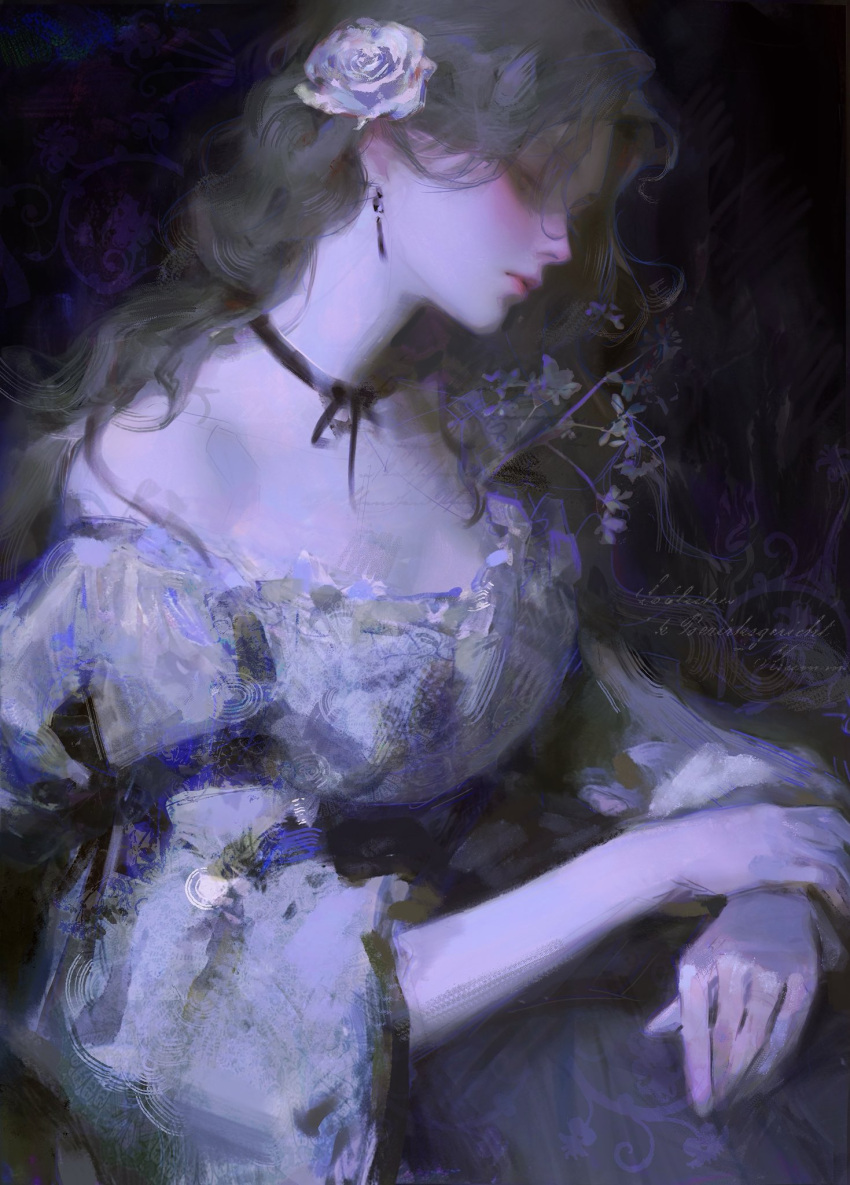 1girl, black_choker, brown_hair, choker, closed_eyes, dress, earrings, flower