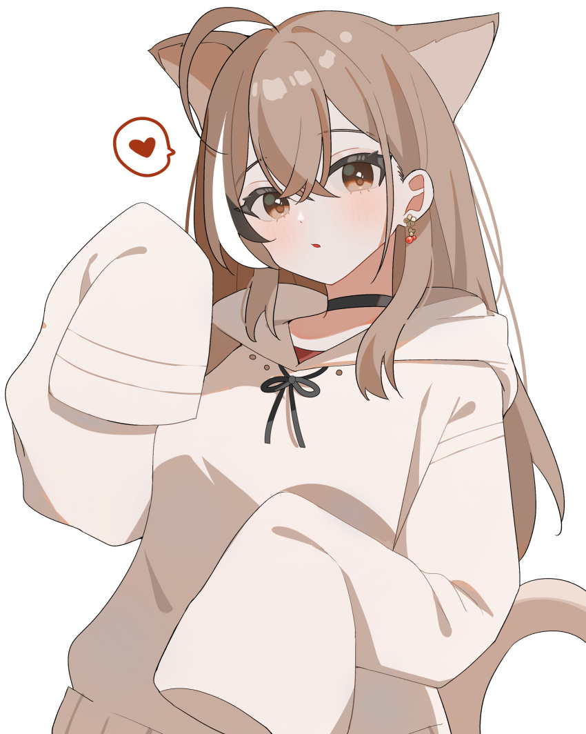 1girl, absurdres, ahoge, animal_ears, black_choker, black_hair, blush, brown_eyes, brown_hair, brown_hoodie, cat_ears, cat_tail, choker, commentary, hana20000920, hand_up, heart, highres, hololive, hololive_english, hood, hood_down, hoodie, kemonomimi_mode, long_hair, looking_at_viewer, multicolored_hair, nanashi_mumei, nanashi_mumei_(casual), official_alternate_costume, open_mouth, red_undershirt, simple_background, sleeves_past_fingers, sleeves_past_wrists, solo, spoken_heart, streaked_hair, tail, virtual_youtuber, white_background, white_hair, white_hoodie
