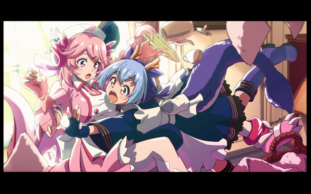 2girls, apron, artist_name, blue_hair, blush, boots, braid, breasts, cup, dragon_girl, dragon_horns, dragon_tail, duel_monster, gloves, hair_between_eyes, hat, horns, japanese_clothes, knee_boots, large_breasts, laundry_(randorii), laundry_dragonmaid, looking_at_another, maid, multiple_girls, nurse_cap, nurse_dragonmaid, parted_lips, pink_eyes, pink_hair, plate, short_sleeves, short_twintails, surprise_hug, surprised, tail, teacup, teapot, teeth, thigh-highs, towel, tripping, twintails, upper_teeth_only, wa_maid, white_apron, yellow_eyes, yu-gi-oh!