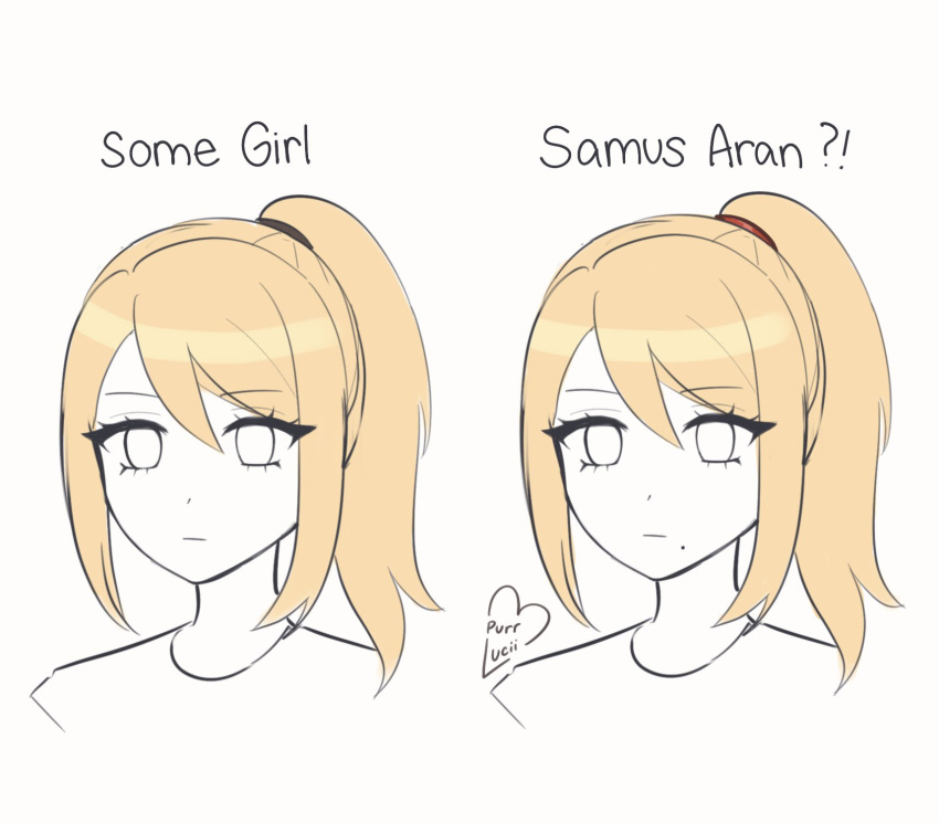 1girl, blonde_hair, blue_eyes, closed_mouth, commentary, english_commentary, english_text, hair_between_eyes, heart, highres, long_hair, luci_(purrlucii), meme, metroid, mole, mole_under_eye, oh_it's_just_some_girl_(meme), ponytail, samus_aran, simple_background, white_background