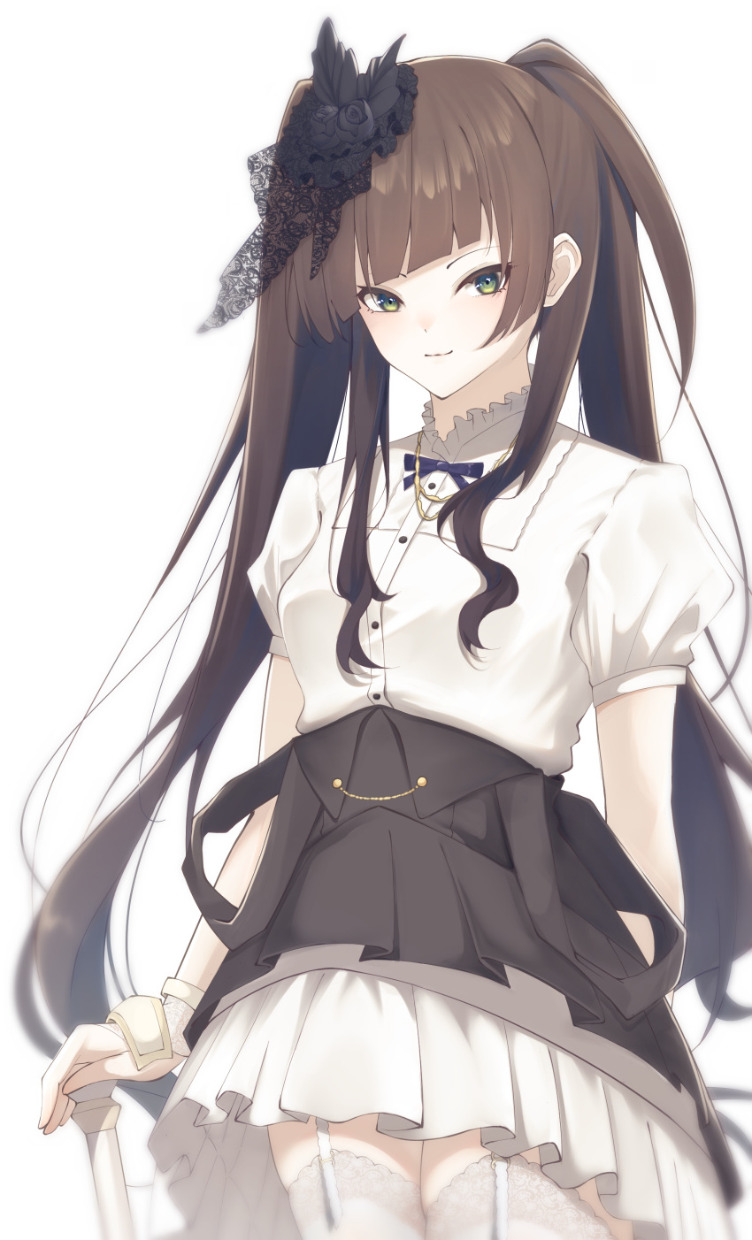 1girl, absurdres, arm_at_side, arm_behind_back, assault_lily, black_flower, black_ribbon, black_skirt