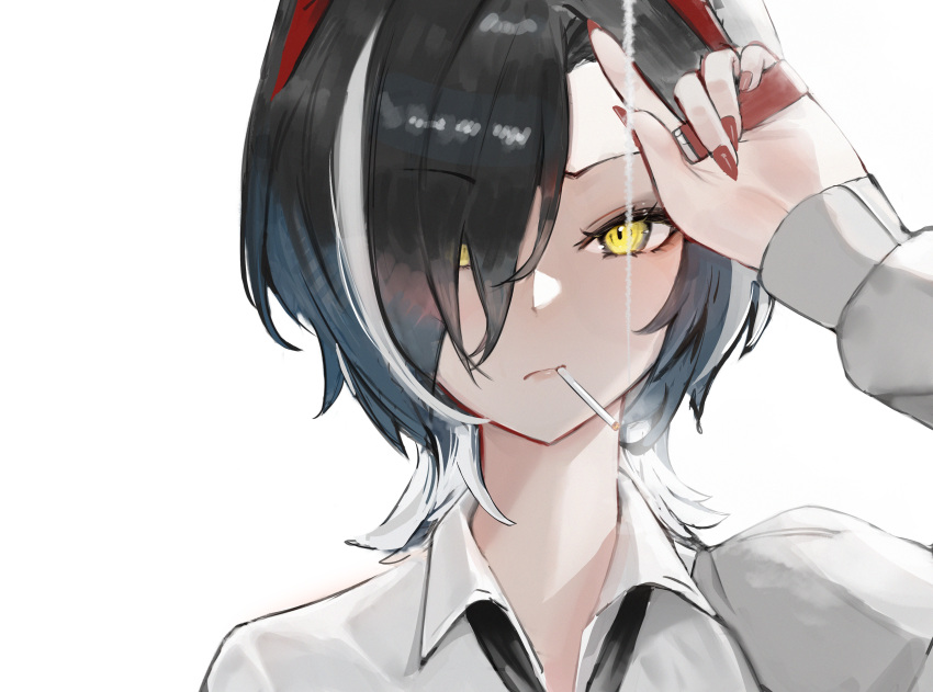 1girl, absurdres, azur_lane, black_hair, black_necktie, blush, collared_shirt, hair_over_one_eye