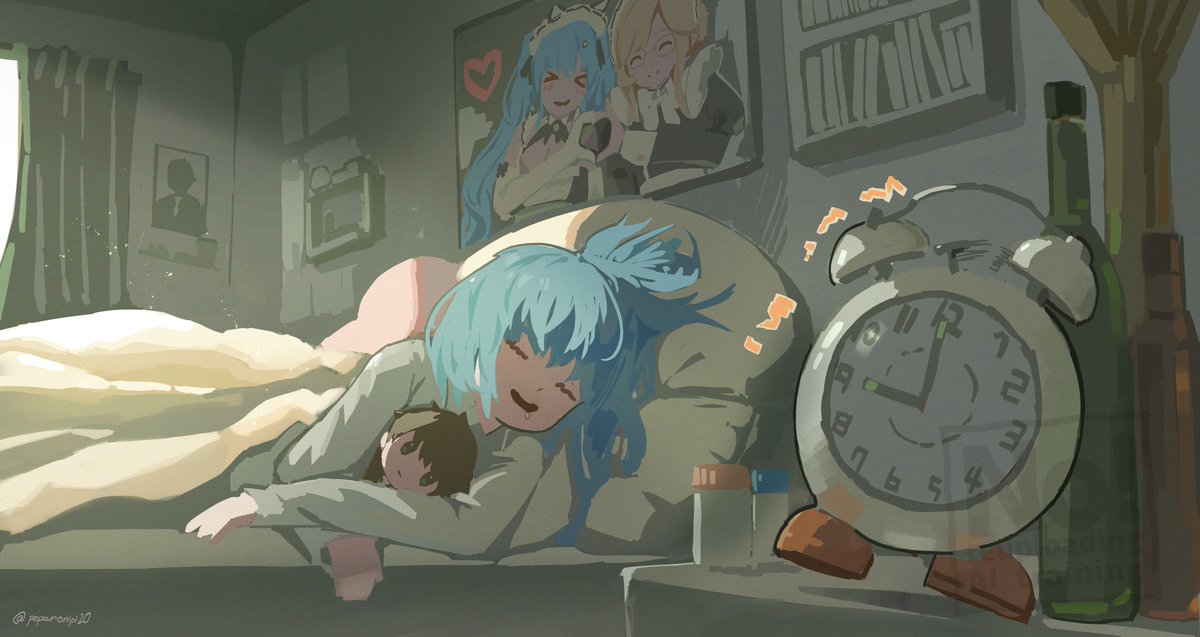 >_<, ade_(nikke), alarm_clock, bed, bedroom, blanket, bookshelf, bottle