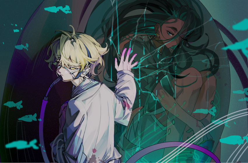 1boy, 1girl, alien_stage, aqua_eyes, blonde_hair, blood, blood_on_clothes, brown_hair