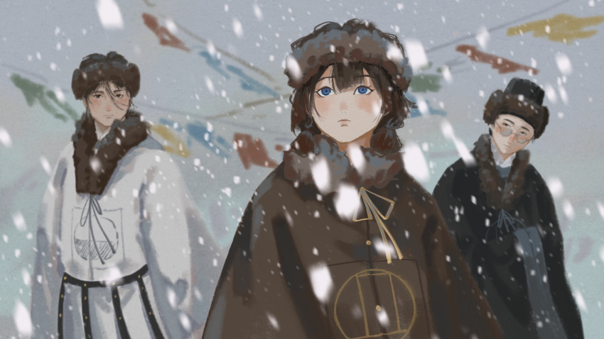 1girl, 2boys, absurdres, chinese_clothes, clothesline, fur_collar, fur_hat, hanfu
