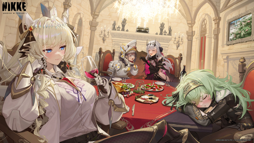 >_<, 4girls, absurdres, alcohol, black_bodysuit, blonde_hair, blue_eyes, bodysuit