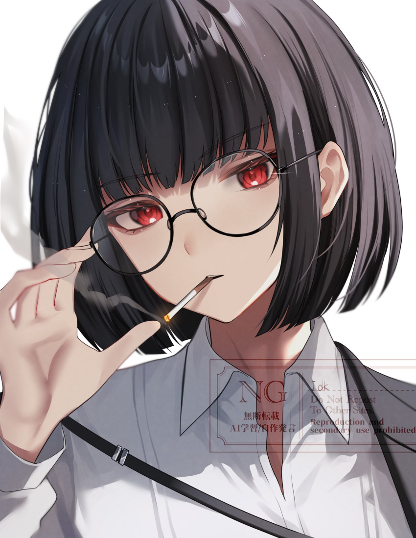 1girl, adjusting_eyewear, black_hair, black_jacket, bob_cut, cigarette, glasses, hand_up, highres, jacket, lapels, limbus_company, long_sleeves, looking_at_viewer, open_collar, portrait, project_moon, red_eyes, ryoshu_(project_moon), shirt, short_hair, shoulder_strap, simple_background, smoking, sohdvh_khos_ph, solo, straight_hair, white_background, white_shirt