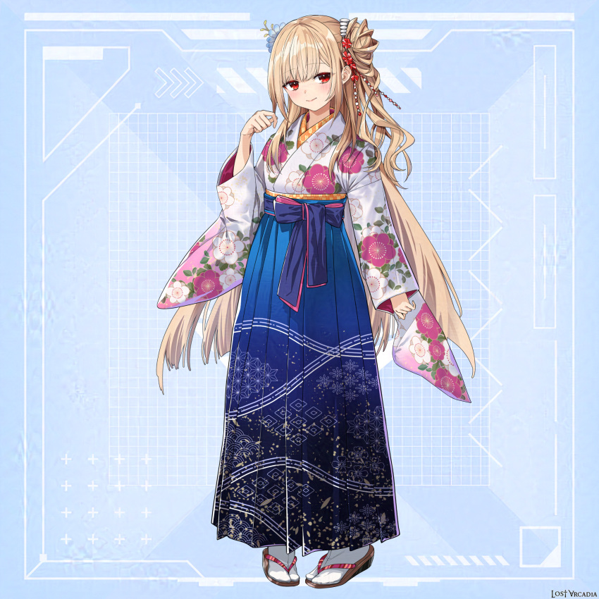 1girl, blue_background, blue_hakama, brown_footwear, character_request, closed_mouth, commentary_request, floral_print, hakama, hand_up, highres, japanese_clothes, kimono, light_brown_hair, long_hair, long_sleeves, looking_at_viewer, lost_arcadia, official_art, print_kimono, red_eyes, sandals, smile, socks, solo, tabi, tyone, very_long_hair, white_kimono, white_socks, wide_sleeves, zouri