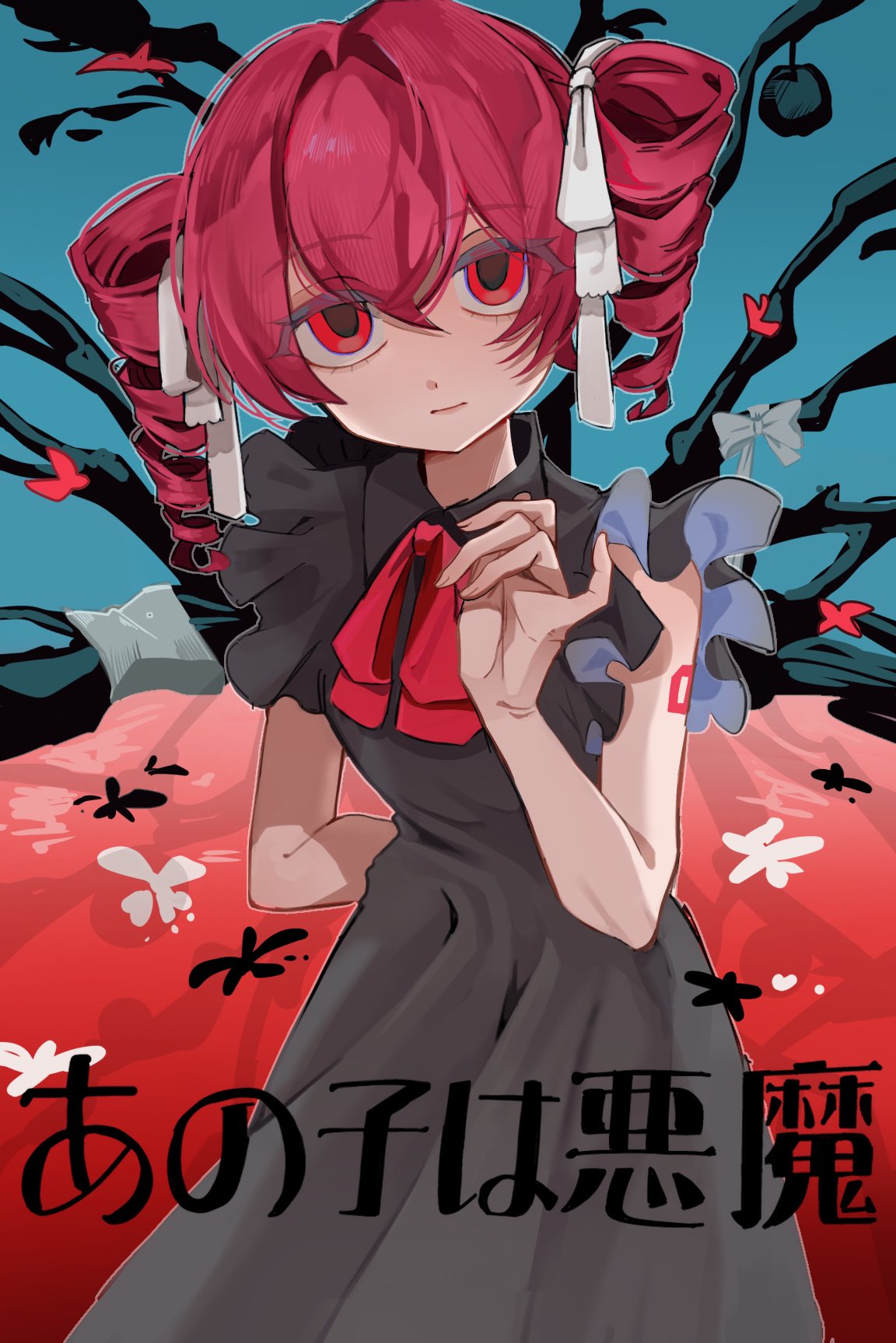 1girl, alternate_costume, arm_behind_back, arm_tattoo, black_dress, blue_background, collared_dress, cowboy_shot