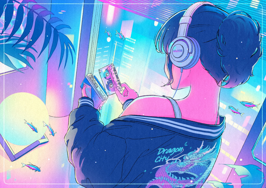 1girl, bare_shoulders, black_hair, black_jacket, cassette_player, cassette_tape, from_behind, headphones, highres, holding_cassette, indoors, jacket, lamp, long_sleeves, night, off_shoulder, original, ponytail, sukajan, tropical_fish, wacca005, window