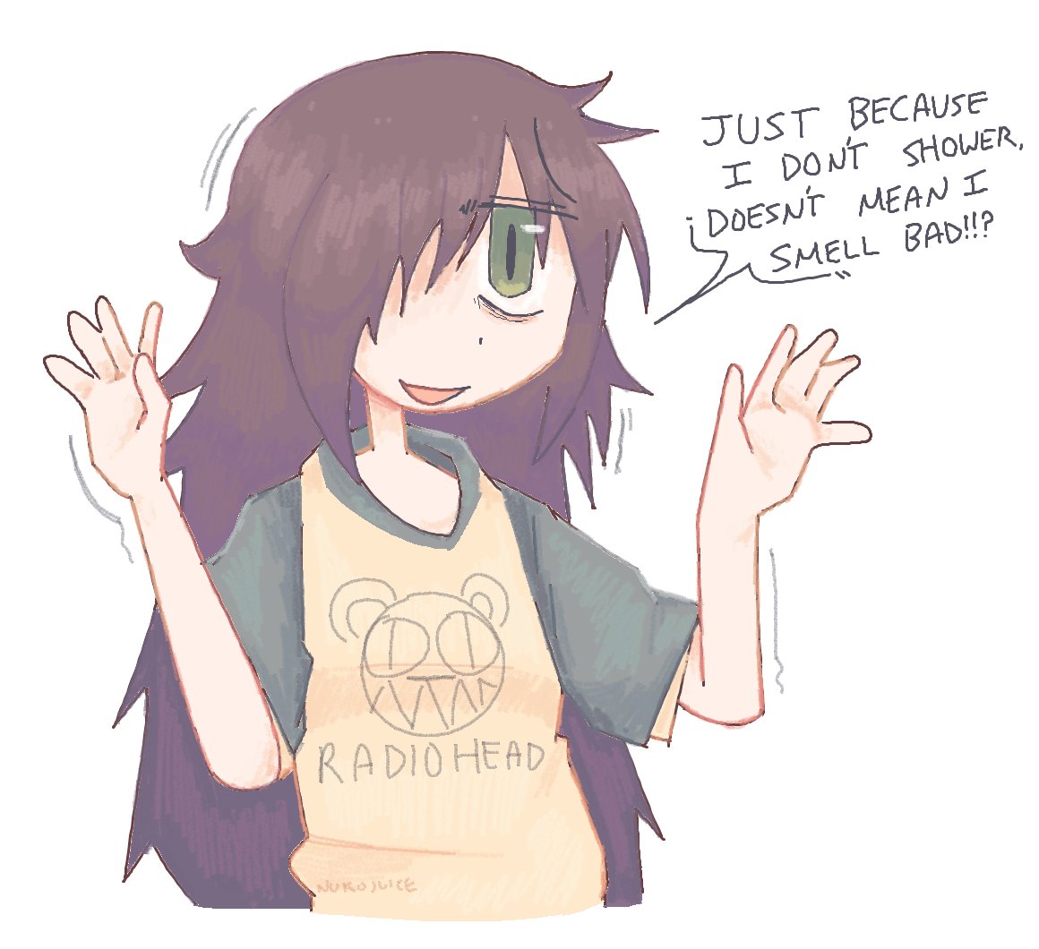 !?, 1girl, alternate_costume, animal_print, bags_under_eyes, band_shirt, black_hair, casual