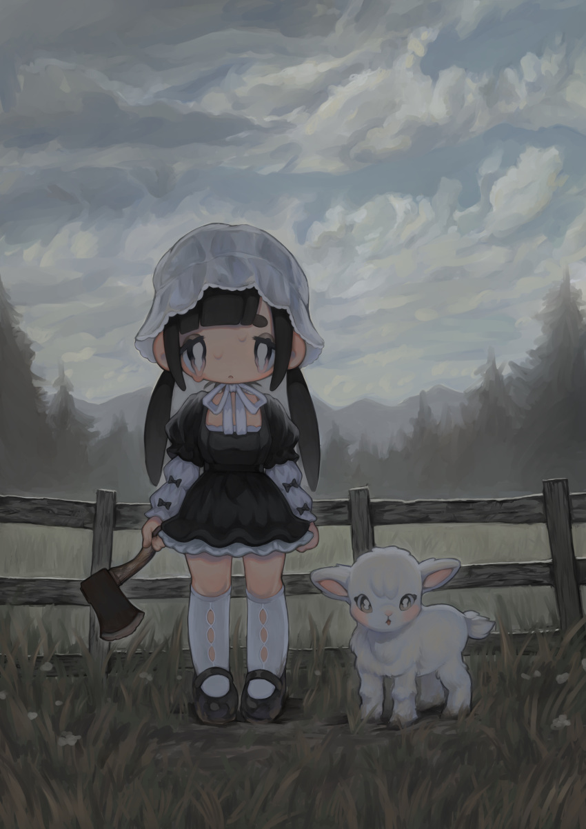 1girl, absurdres, animal, asymmetrical_bangs, axe, black_dress, bow, bowtie