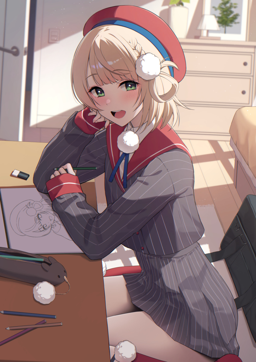 1girl, :d, beret, blonde_hair, blush, bow, braid, door