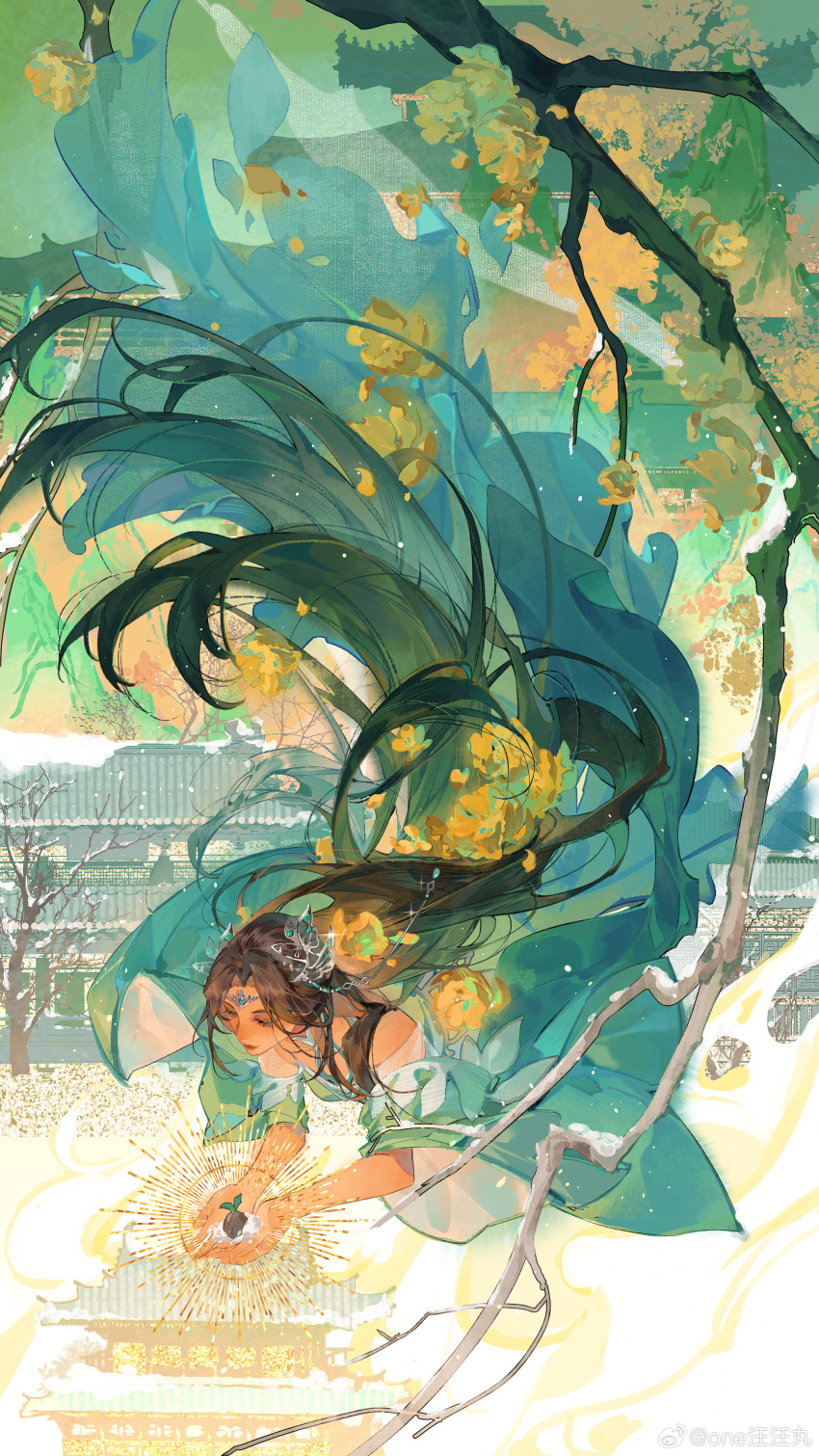 1girl, absurdly_long_hair, absurdres, architecture, bare_tree, black_hair, blue_hanfu, branch, chinese_clothes, chinese_commentary, circlet, closed_eyes, closed_mouth, commentary_request, day, east_asian_architecture, expressionless, eyelashes, fire, floating_clothes, floating_hair, flower, full_body, green_sky, hair_flower, hair_ornament, hanfu, highres, holding, light_particles, lips, long_hair, long_sleeves, one_wang_yaowan, orange_nails, original, outdoors, petals, seed, sky, snow, snowing, solo, sprout, stairs, town, tree, very_long_hair, weibo_watermark, wide_sleeves