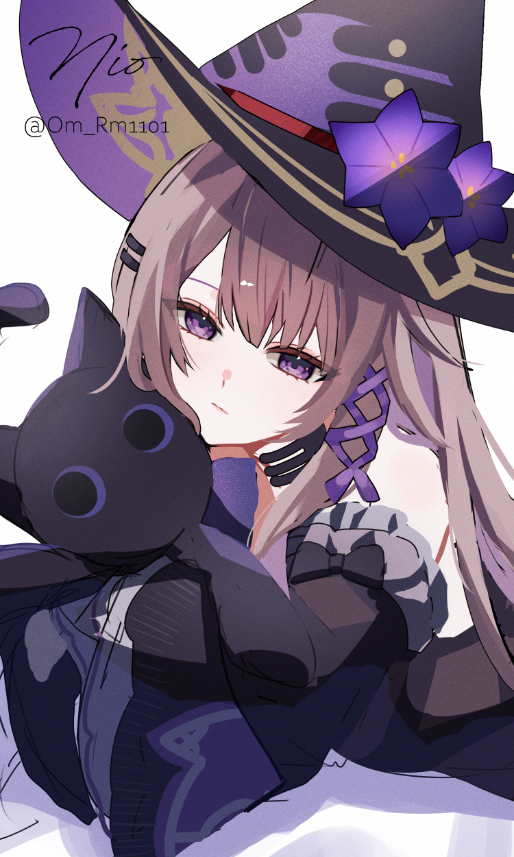 1girl, :|, animal, black_cat, black_hat, brown_hair, cat, closed_mouth, flower, hair_ornament, hairclip, hat, hat_flower, herta_(honkai:_star_rail), herta_(unknowable_domain)_(honkai:_star_rail), highres, holding, holding_animal, holding_cat, honkai:_star_rail, honkai_(series), long_hair, long_sleeves, lying, om_rm1101, on_stomach, purple_hat, signature, sketch, solo, stuffed_animal, stuffed_cat, stuffed_toy, twitter_username, two-sided_fabric, two-sided_headwear, upper_body, violet_eyes, white_background, wide_sleeves, witch_hat