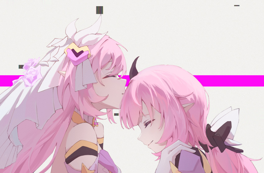 2girls, bare_shoulders, chinese_commentary, closed_eyes, closed_mouth, commentary_request, elysia_(herrscher_of_human:_ego)_(honkai_impact), elysia_(honkai_impact)