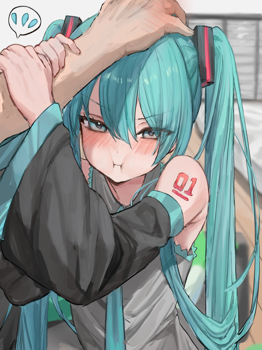 1boy, 1girl, 1other, :i, aqua_hair, bare_shoulders, black_sleeves, blue_eyes