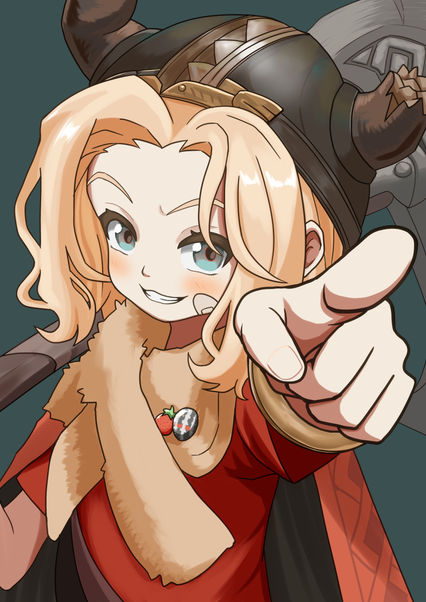 1girl, absurdres, axe, bandaid, bandaid_on_cheek, bandaid_on_face, blonde_hair, blue_eyes