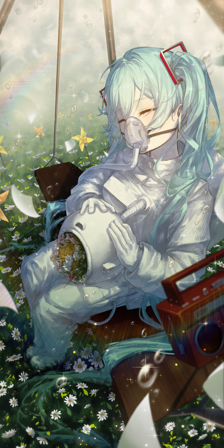 1girl, absurdres, aqua_hair, astronaut, closed_eyes, closed_mouth, commentary, english_commentary