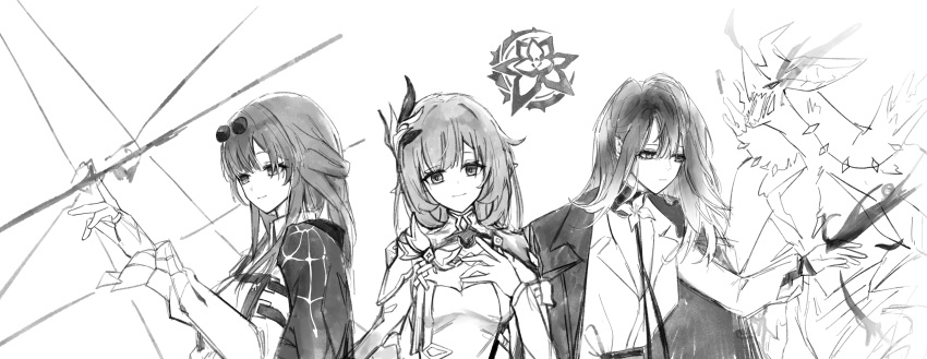 3girls, absurdres, chinese_commentary, closed_mouth, commentary_request, elf, elysia_(honkai_impact), elysia_(miss_pink_elf)_(honkai_impact)