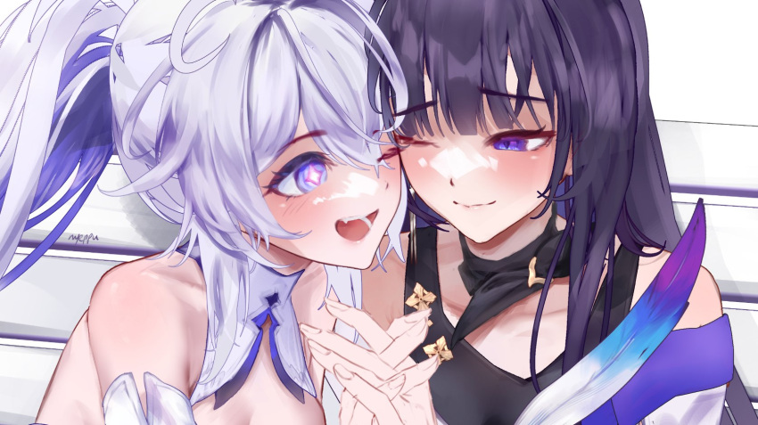 2girls, blue_eyes, blunt_bangs, collar, commentary, detached_collar, diamond-shaped_pupils, diamond_(shape)