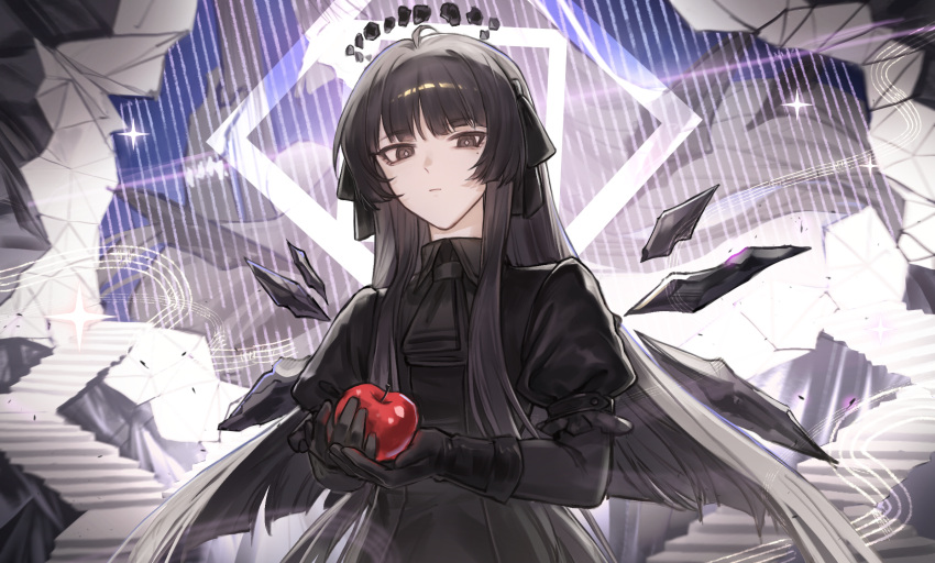 1girl, apple, arknights, black_bow, black_dress, black_eyes, black_gloves, black_hair