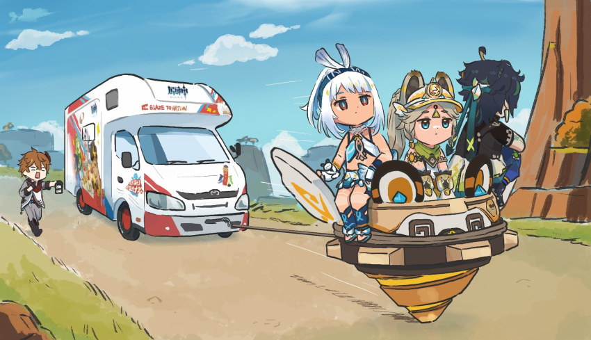 2boys, 2girls, aqua_headband, bandana, bandana_around_neck, black_shirt, chinchilla_ears, chinchilla_girl