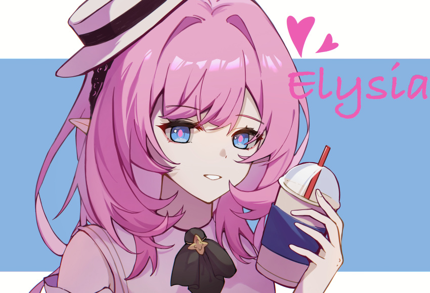 1girl, absurdres, blue_background, blue_eyes, border, bubble_tea, character_name, chinese_commentary