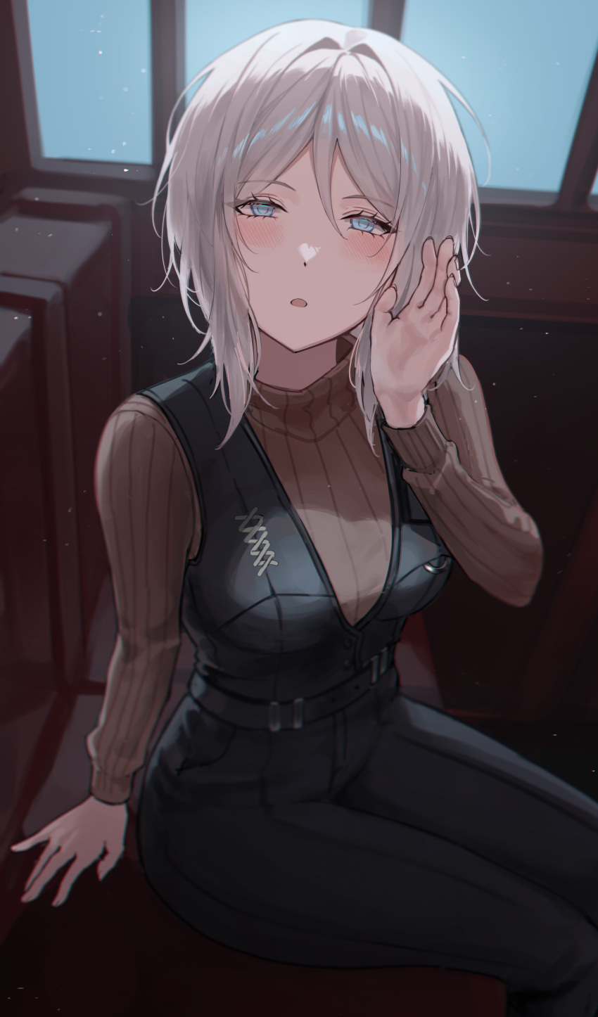 1girl, absurdres, black_vest, blue_eyes, blush, breasts, bus, calling