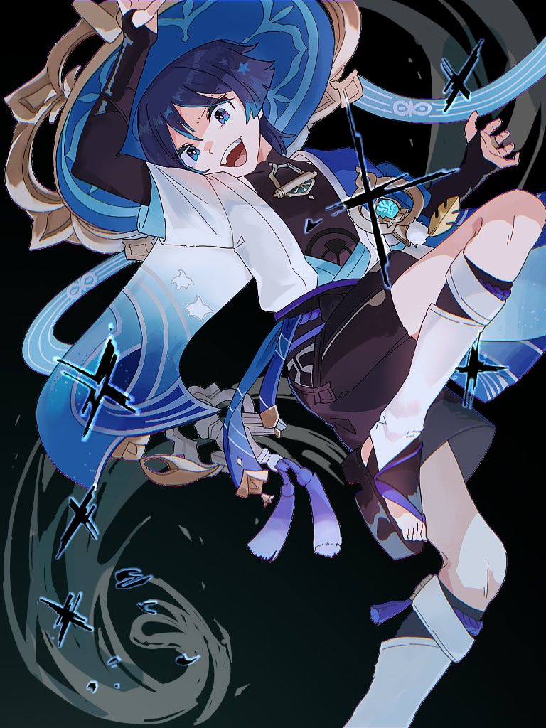1boy, anemo_symbol_(genshin_impact), animal_print, aqua_gemstone, aqua_kimono, aqua_sleeves, arm_up, armor