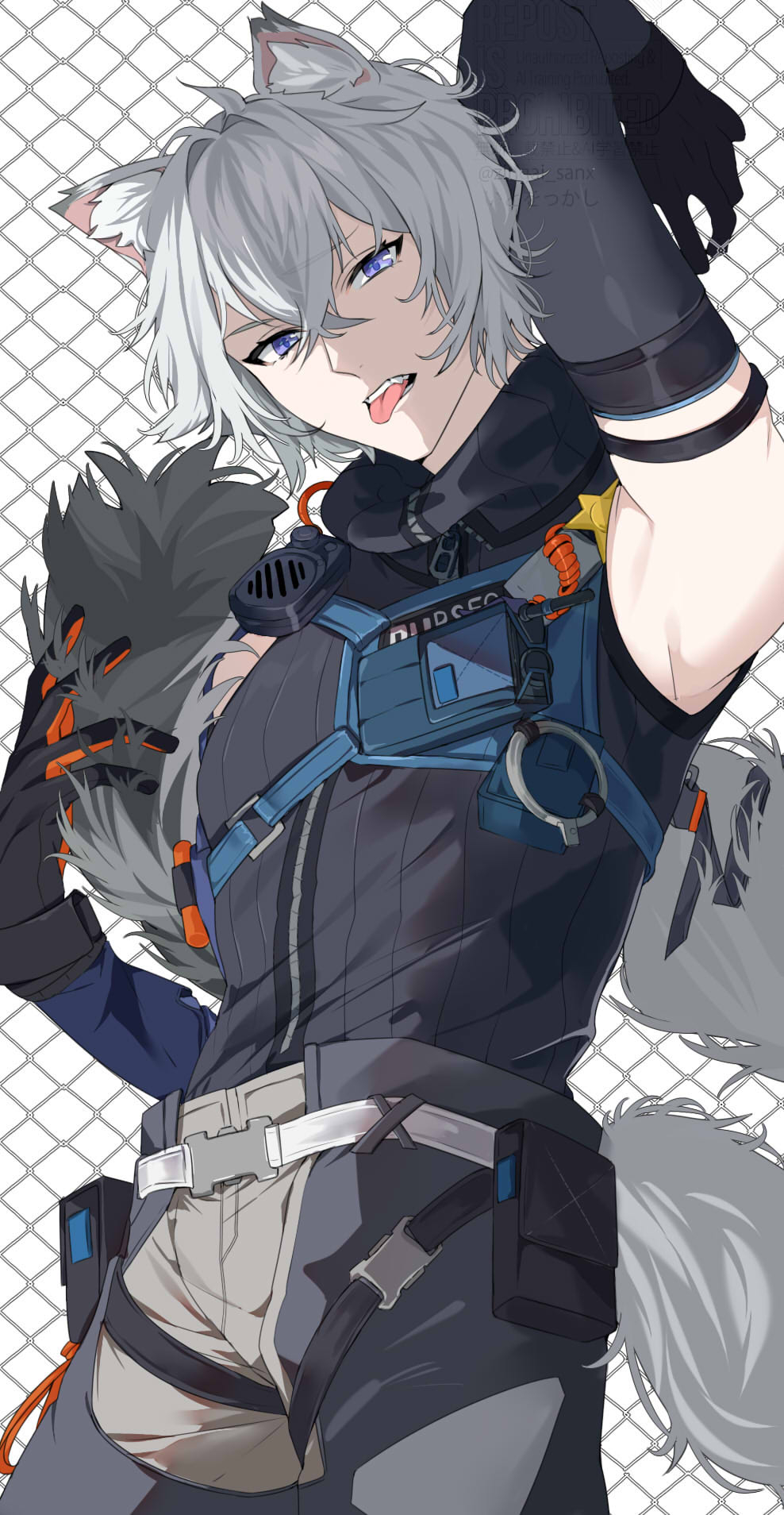 1boy, animal_ear_fluff, animal_ears, black_gloves, blue_eyes, cat_boy, cat_ears, cat_tail, crossed_bangs, gloves, hair_between_eyes, highres, looking_at_viewer, male_focus, police, police_uniform, policeman, seth_lowell, sidelocks, standing, tail, teeth, tongue, tongue_out, white_hair, zenless_zone_zero, zingai_sanx