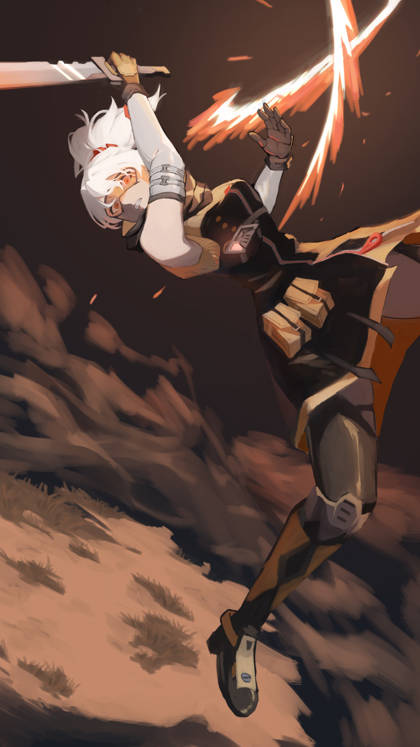 1girl, absurdres, black_gloves, brown_eyes, clenched_teeth, gloves, hair_between_eyes, highres, holding, holding_sword, holding_weapon, incoming_attack, long_hair, looking_at_viewer, outdoors, ponytail, serious, sidelocks, soldier_11_(zenless_zone_zero), solo, standing, standing_on_one_leg, sword, teeth, weapon, white_hair, zen_yasai, zenless_zone_zero