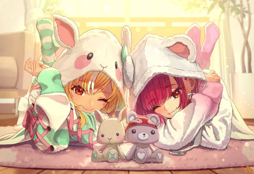 2girls, animal_hood, blonde_hair, carpet, earrings, hololive, hood, houshou_marine