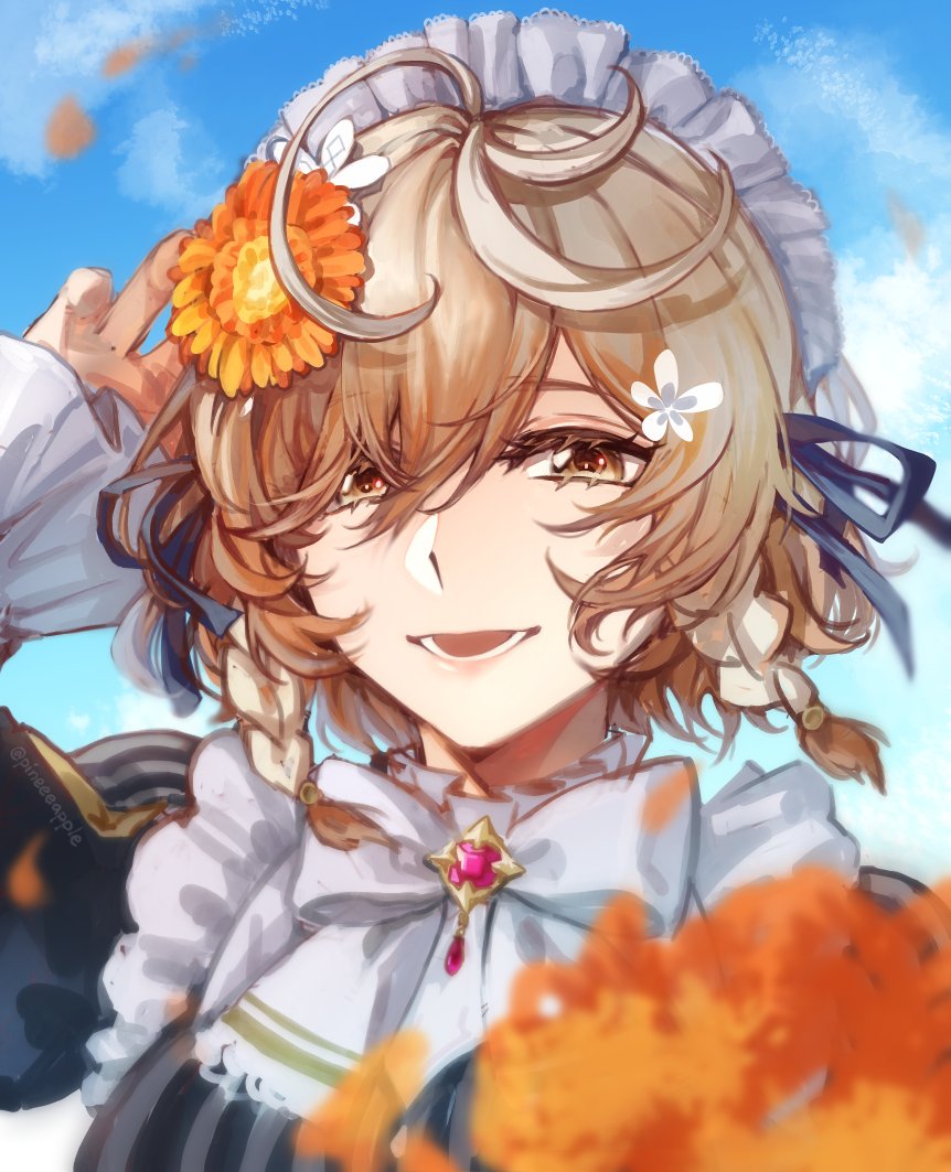 1girl, blue_sky, blurry, braid, brown_eyes, brown_hair, commentary, depth_of_field, falling_leaves, flower, hair_flower, hair_ornament, jin_(pineeeapple), klara_charmwood, leaf, looking_at_viewer, maid, maid_headdress, medium_hair, nijisanji, nijisanji_en, open_mouth, sky, solo, symbol-only_commentary, triple_ahoge, twin_braids, virtual_youtuber