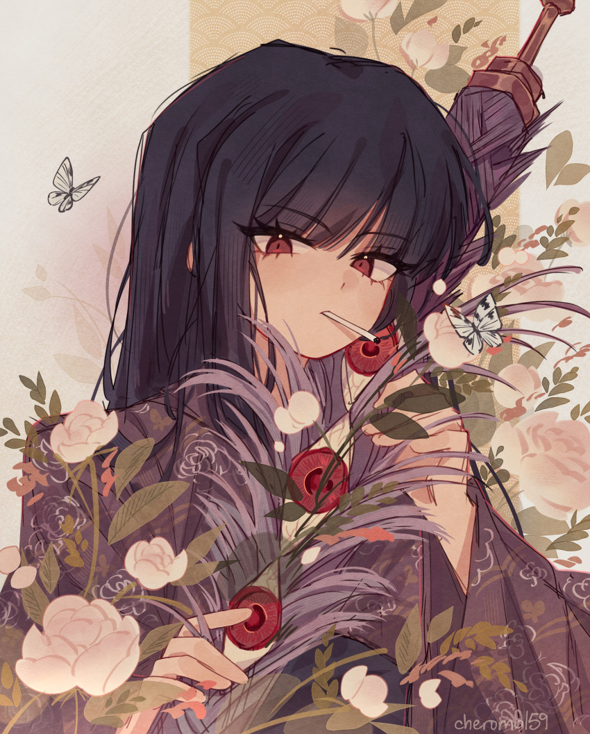 absurdres, black_hair, brown_kimono, bug, butterfly, cheromo159, floral_print, floral_print_kimono, flower, folded_umbrella, highres, hime_cut, ikebana, japanese_clothes, kimono, limbus_company, long_hair, looking_at_viewer, parasol, plant, print_kimono, project_moon, red_eyes, ryoshu_(project_moon), smoking, straight_hair, umbrella