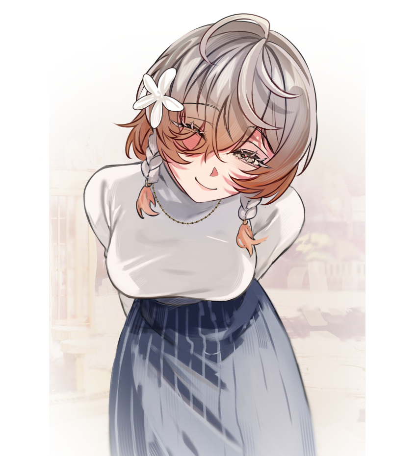 1girl, absurdres, arms_behind_back, braid, breasts, brown_eyes, english_commentary, flower, hair_between_eyes, hair_flower, hair_ornament, hair_over_one_eye, half-closed_eye, highres, ive_(iveith), jewelry, klara_charmwood, large_breasts, leaning_forward, light_brown_hair, medium_hair, necklace, nijisanji, nijisanji_en, one_eye_closed, skirt, smile, solo, triple_ahoge, twin_braids, virtual_youtuber