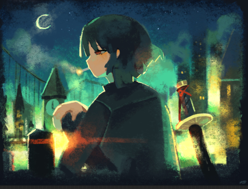 1girl, black_hair, black_jacket, building, cigarette, crescent_moon, hand_on_own_knee, highres, jacket, kellllerrs, limbus_company, long_sleeves, moon, night, outdoors, planted, planted_sword, project_moon, red_eyes, ryoshu_(project_moon), seven_association_(identity)_(project_moon), short_hair, smoking, solo, straight_hair, sword, weapon