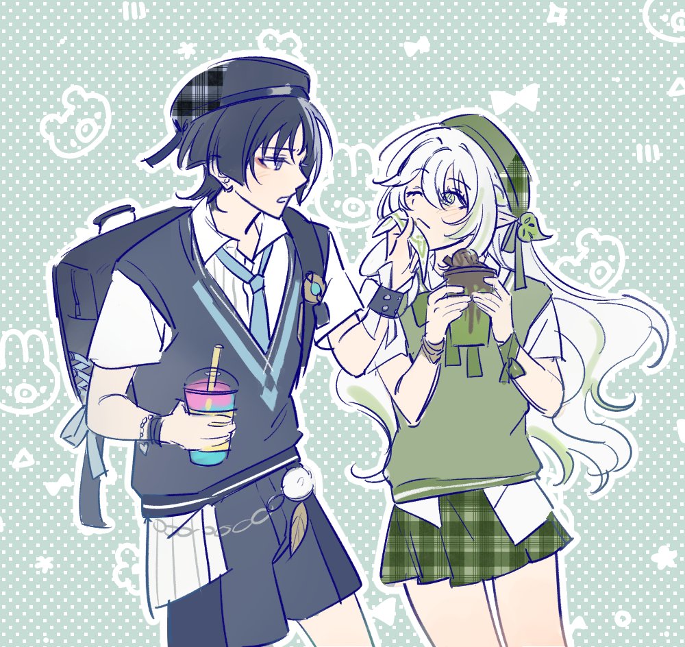 1boy, 1girl, alternate_costume, alternate_hairstyle, alternate_height, backpack, bag, bead_bracelet