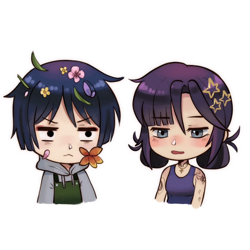 1boy, 1girl, alternate_costume, alternate_hairstyle, alternate_universe, angryoats, apron, arm_tattoo