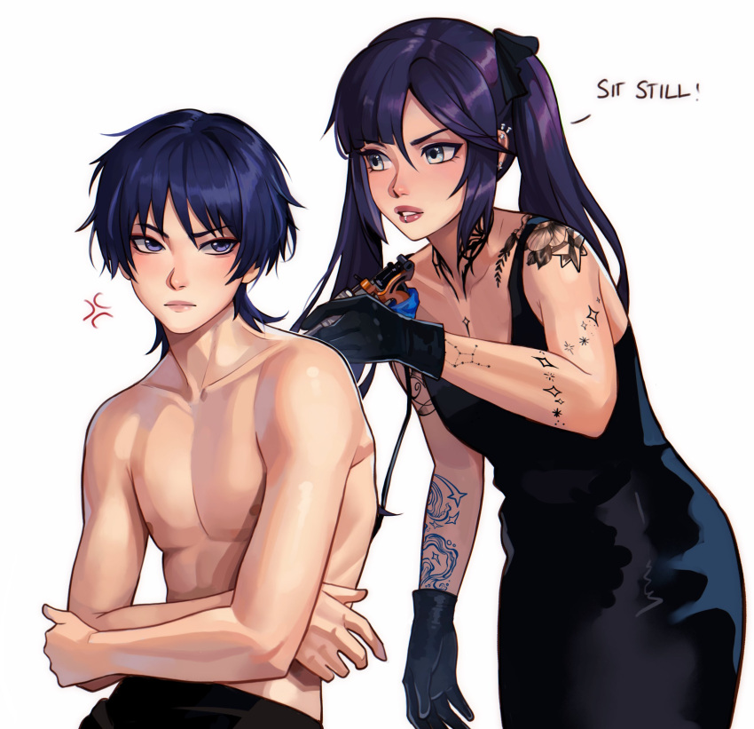 1boy, 1girl, absurdres, alternate_universe, anger_vein, angryoats, arm_at_side, arm_tattoo, bare_shoulders, black_dress, black_gloves, blue_hair, blunt_bangs, blunt_ends, collarbone, constellation, constellation_tattoo, crossed_arms, dress, english_text, eyeliner, eyeshadow, genshin_impact, gloves, grey_eyes, hair_between_eyes, hand_up, highres, lip_piercing, long_hair, looking_at_another, makeup, mona_(genshin_impact), neck_tattoo, nipples, open_hand, parted_bangs, pectorals, piercing, purple_hair, red_eyeliner, red_eyeshadow, red_lips, scaramouche_(genshin_impact), shoulder_tattoo, sidelocks, star_tattoo, tattoo, tattoo_machine, topless_male, twintails, virgo_(constellation), white_background