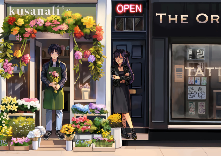 1boy, 1girl, absurdres, against_wall, alternate_costume, alternate_universe, angryoats, apron, black_bow, black_eyes, black_footwear, black_hair, black_jacket, black_shirt, black_skirt, black_sleeves, blue_flower, blunt_bangs, blunt_ends, blush, boots, bouquet, bow, building, bush, character_name, closed_mouth, contemporary, crescent_tattoo, crop_top, cross-laced_footwear, door, expressionless, flower, flower_shop, full_body, genshin_impact, green_apron, grey_eyes, grey_pants, hair_between_eyes, hair_bow, hand_tattoo, hanging_plant, highres, holding, holding_bouquet, hydrangea, jacket, lapels, leaf, leather, leather_jacket, leg_tattoo, long_hair, long_skirt, long_sleeves, looking_at_another, midriff_peek, mona_(genshin_impact), neck_tattoo, open_clothes, open_door, open_jacket, outdoors, pants, parted_bangs, partially_unbuttoned, pink_flower, plaid_clothes, plaid_shirt, plaid_sleeves, plant, purple_flower, purple_hair, purple_nails, red_flower, red_lips, scaramouche_(genshin_impact), shirt, shoes, shop, sidewalk, sideways_glance, skirt, sneakers, stairs, standing, star_tattoo, stomach_tattoo, tattoo, twintails, vase, vines, white_flower, white_undershirt, window, yellow_flower