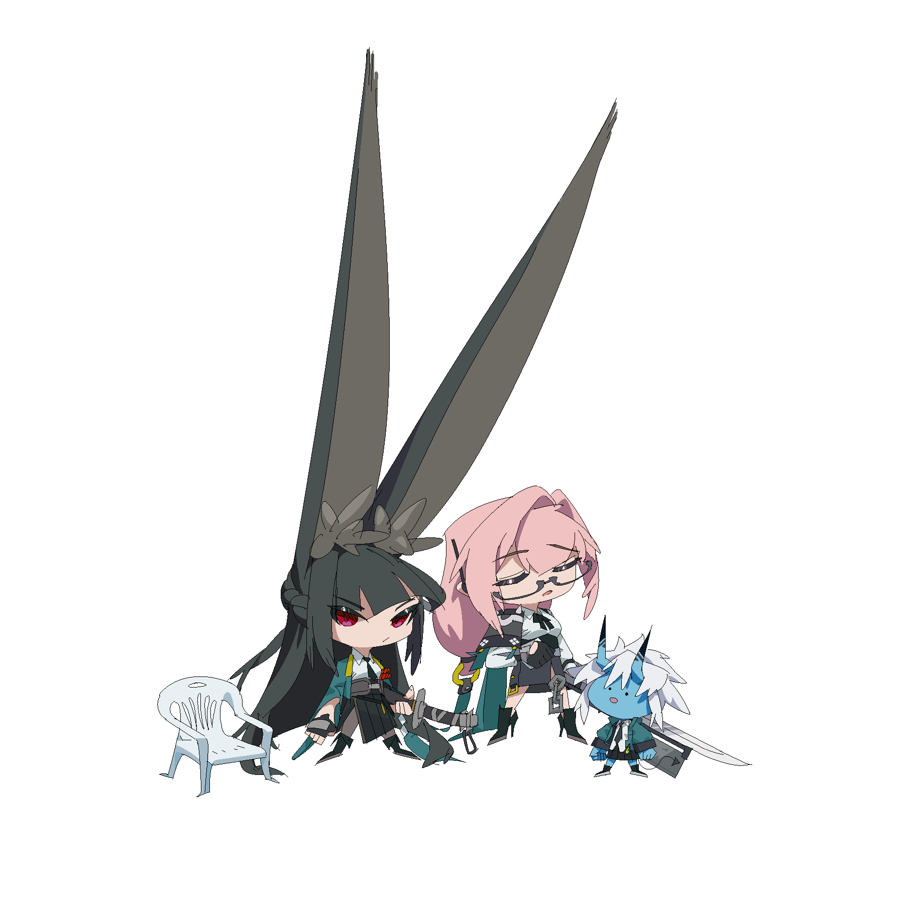 132_(353488448), 3girls, animal_ear_fluff, animal_ears, armor, big_eared_miyabi_(meme), black_footwear, black_gloves