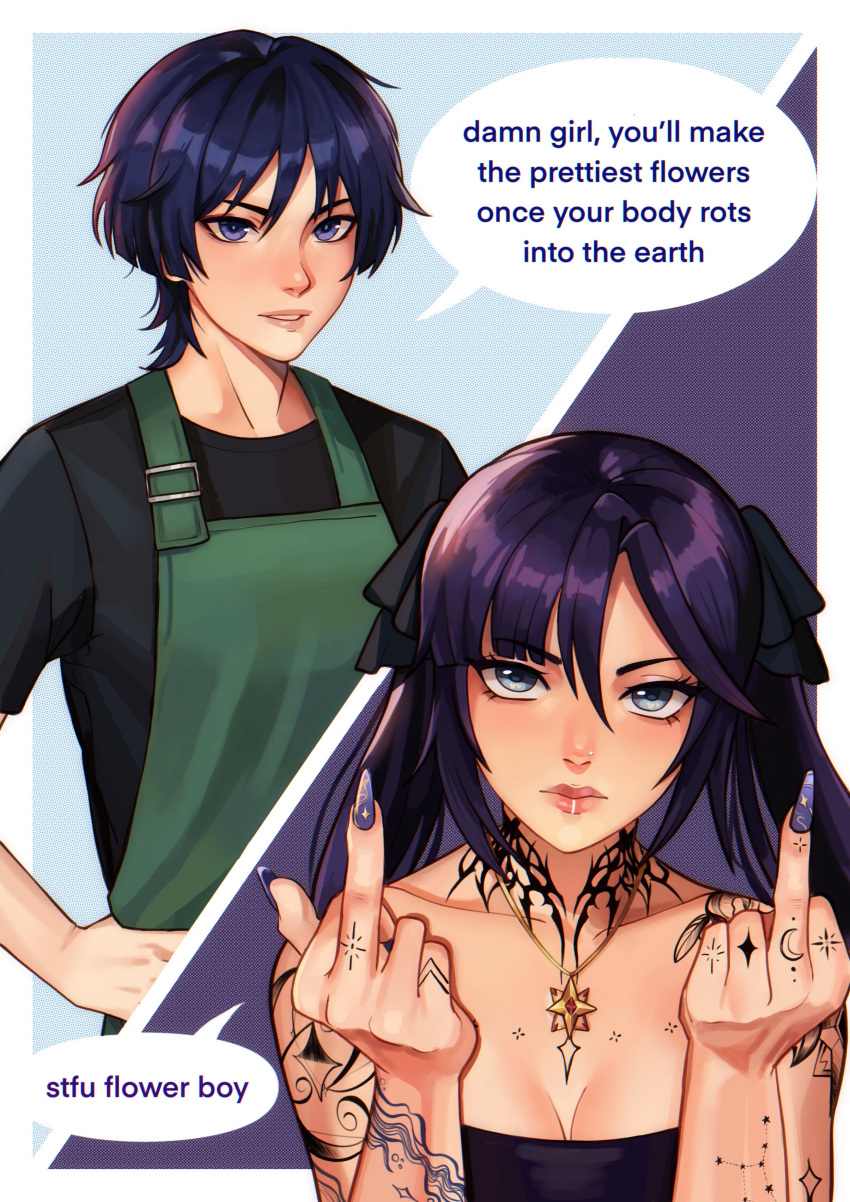 1boy, 1girl, absurdres, alternate_costume, alternate_universe, angryoats, apron, arm_tattoo