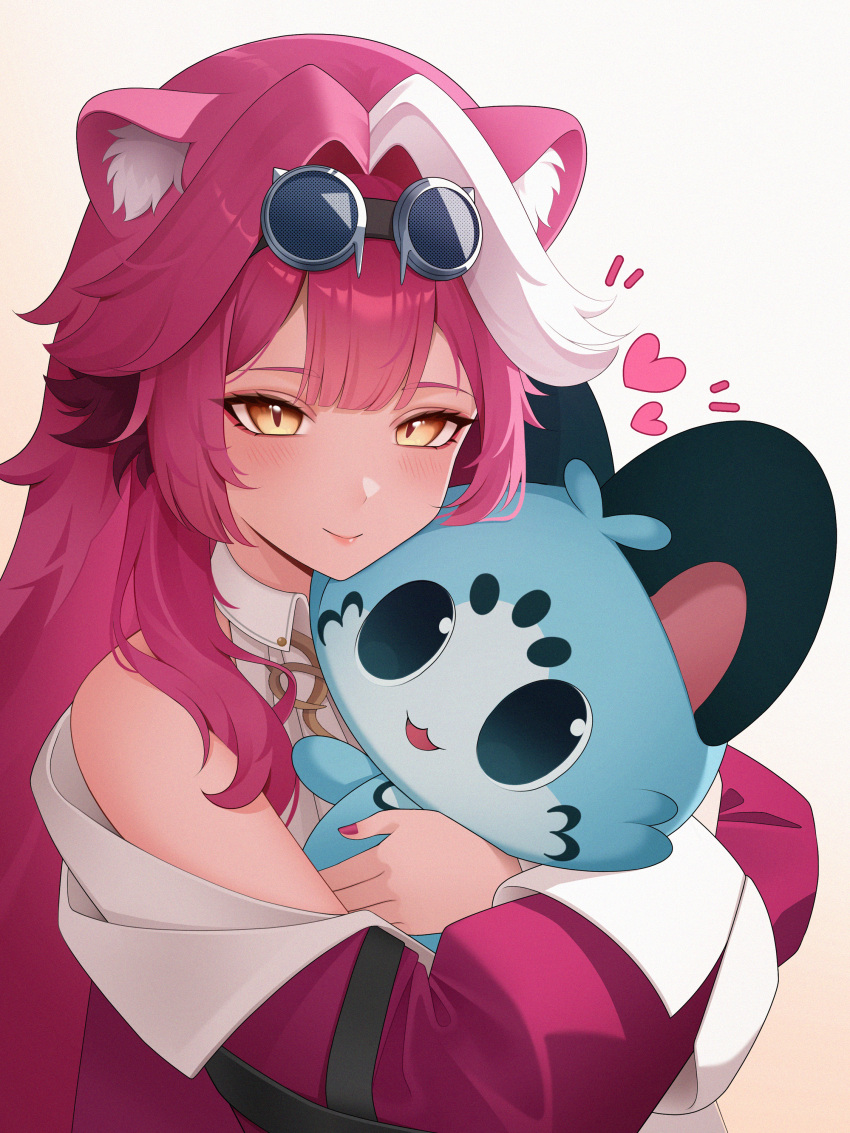 1girl, :3, absurdres, animal_ear_fluff, animal_ears, bare_shoulders, blush, chattino_(raora_panthera), closed_mouth, coat, collared_vest, commentary, darakumo, english_commentary, goggles, goggles_on_head, hair_intakes, heart, highres, holding, hololive, hololive_english, hug, long_hair, long_sleeves, looking_at_viewer, multicolored_hair, nail_polish, panther_ears, panther_girl, pink_coat, pink_hair, pink_lips, pink_nails, raora_panthera, raora_panthera_(1st_costume), smile, streaked_hair, two-tone_hair, vest, virtual_youtuber, white_hair, white_vest, yellow_eyes